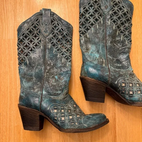 Corral Laser Cutout Western Cowboy Cowgirl Boots Turquoise Heel Rodeo Women’s 9 - Picture 4 of 14